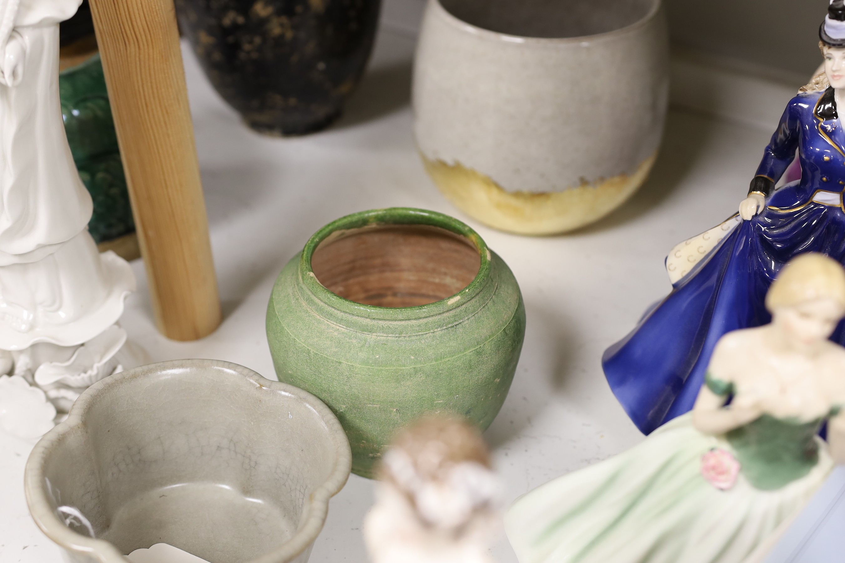A group of Chinese and studio ceramic vases and bowls, to include a figure of Guangyin, 37.5cm tall